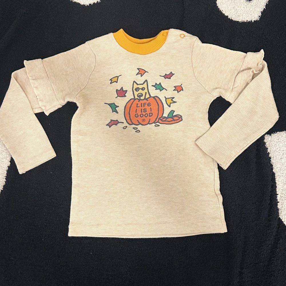 Life Is Good Kids Cream Ruffle Long sleeve Shirt with Pumpkin and Puppy Design